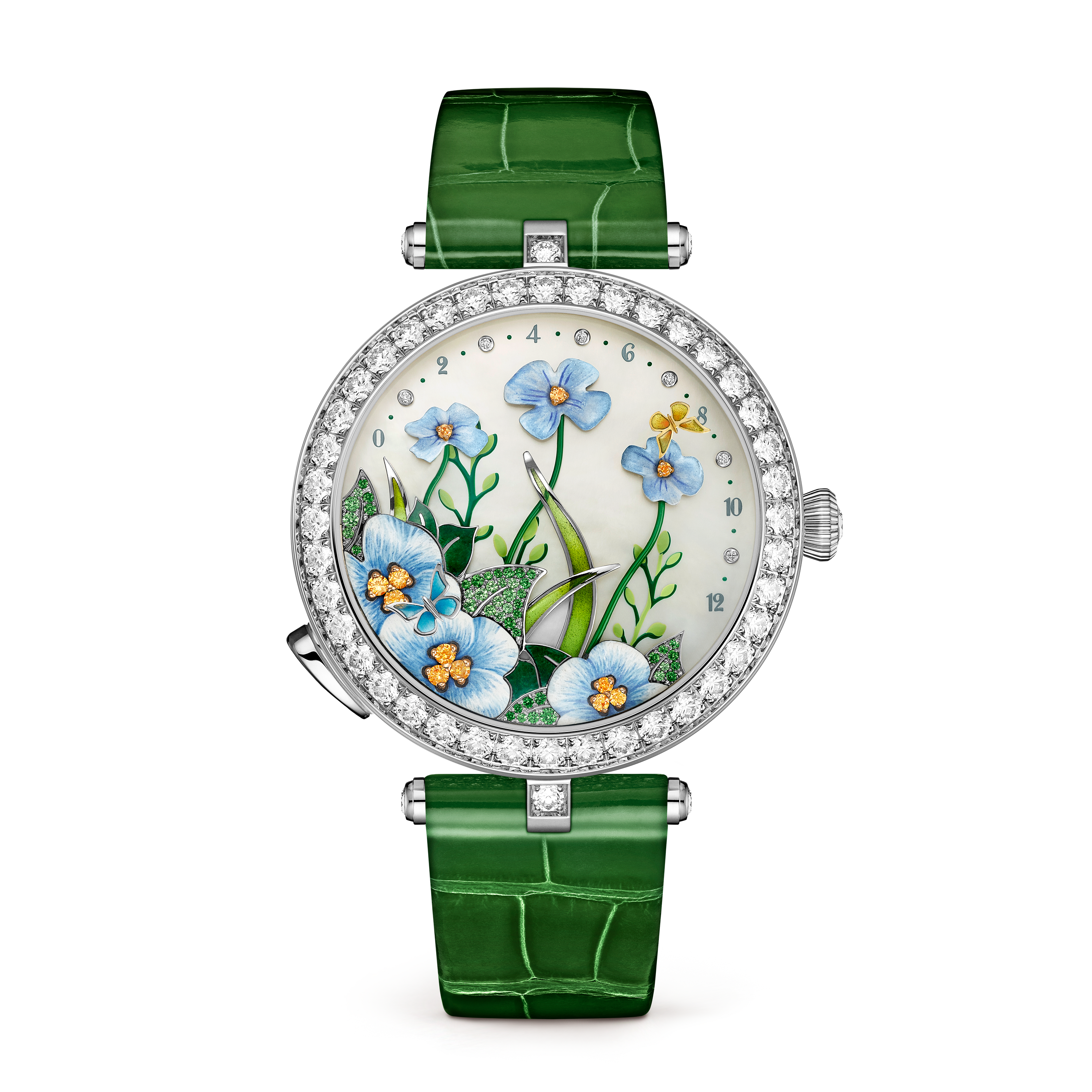 Lady Arpels Brise d’Été 腕錶, 18K白金, 珍珠母貝:  1顆寶石, 石榴石:  47顆寶石,  0.1克拉, 錳鋁榴石:  12顆寶石,  0.09克拉, 鑽石:  120顆寶石,  3.45克拉, Front, Watch- Van Cleef & Arpels