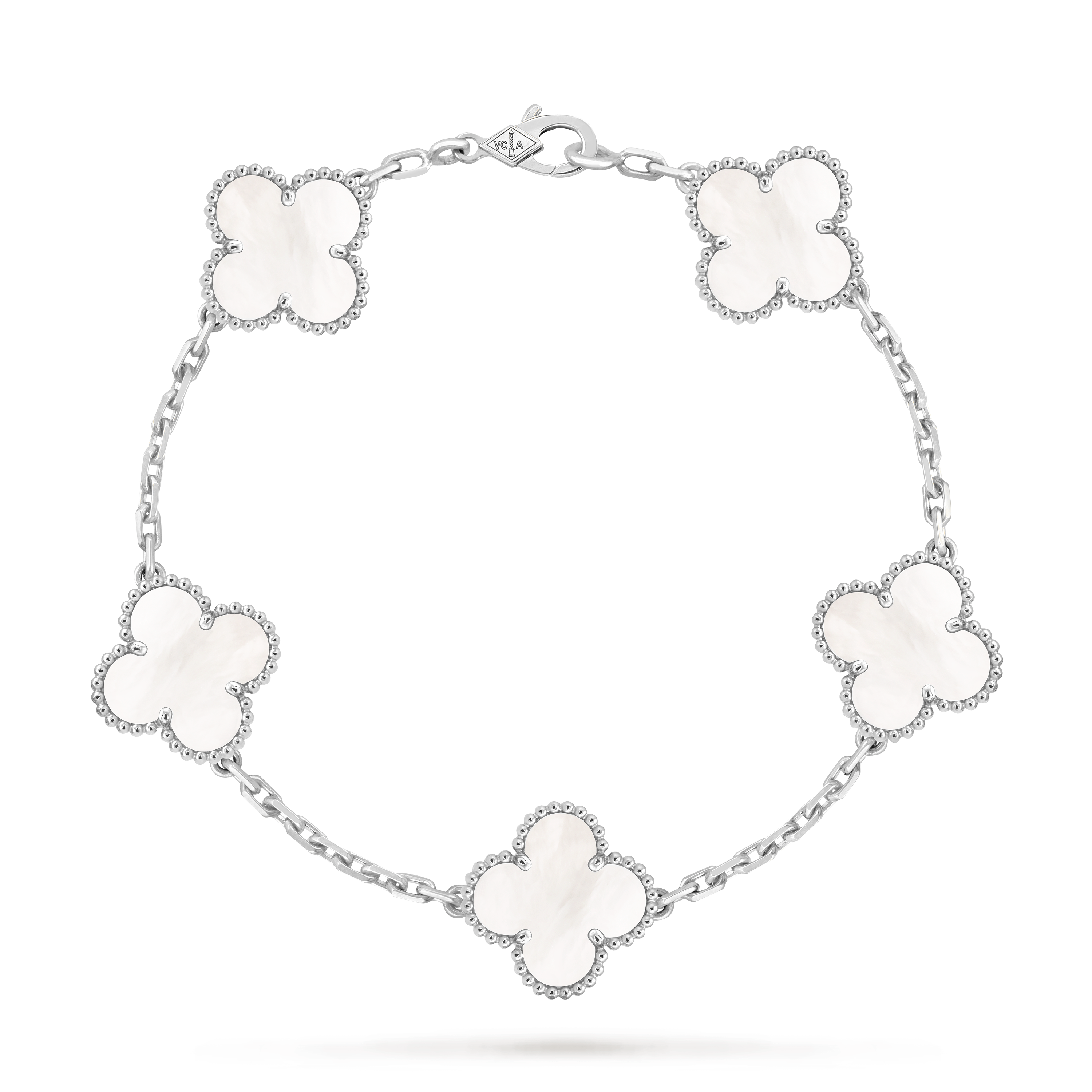 Vintage Alhambra手鍊,5枚四葉幸運圖騰, 18K白金, 珍珠母貝:  5顆寶石, Front, Jewelry Bracelet- Van Cleef & Arpels