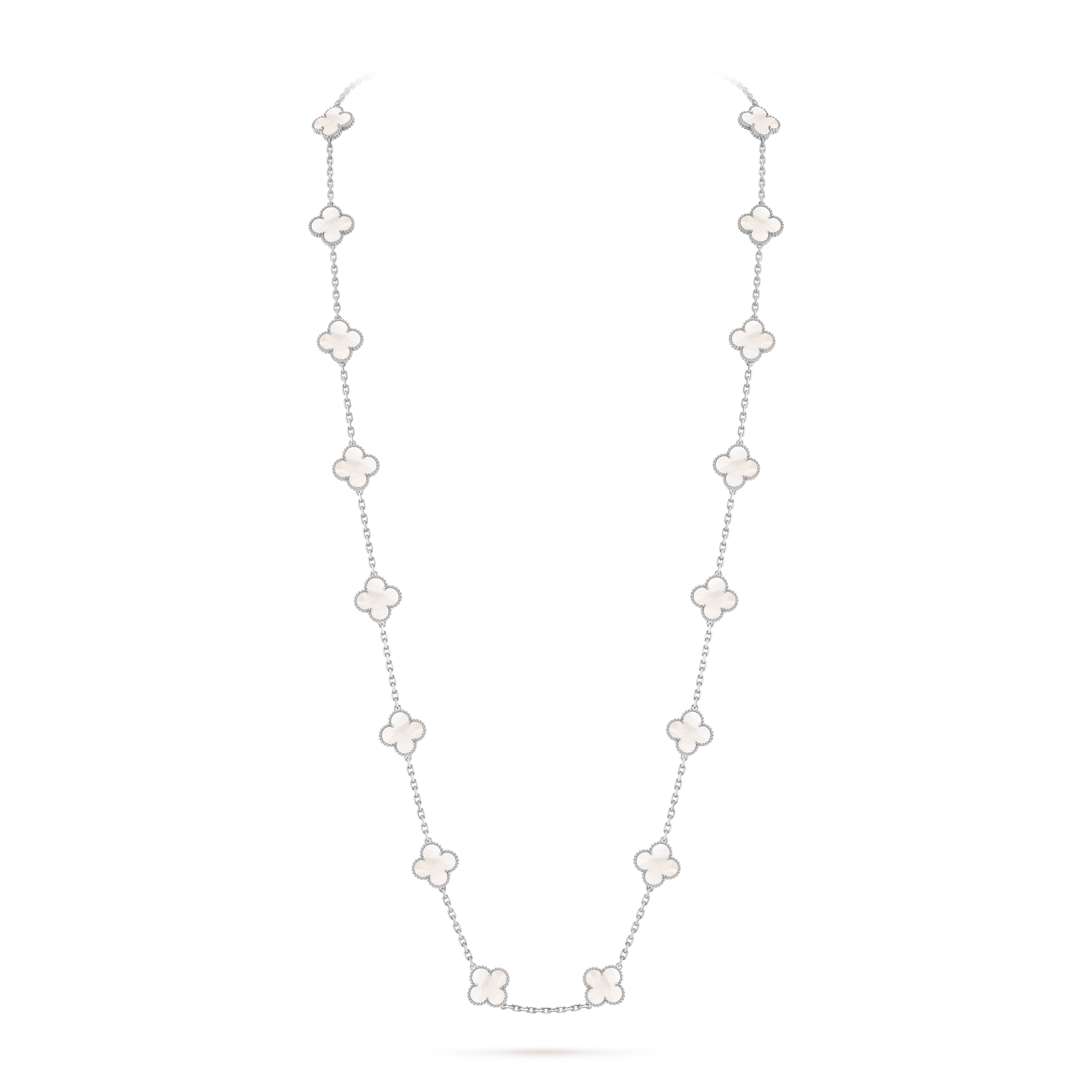 Vintage Alhambra長項鍊,20枚四葉幸運圖騰, 18K白金, 珍珠母貝:  20顆寶石, On Stand, Jewelry Long Necklace- Van Cleef & Arpels