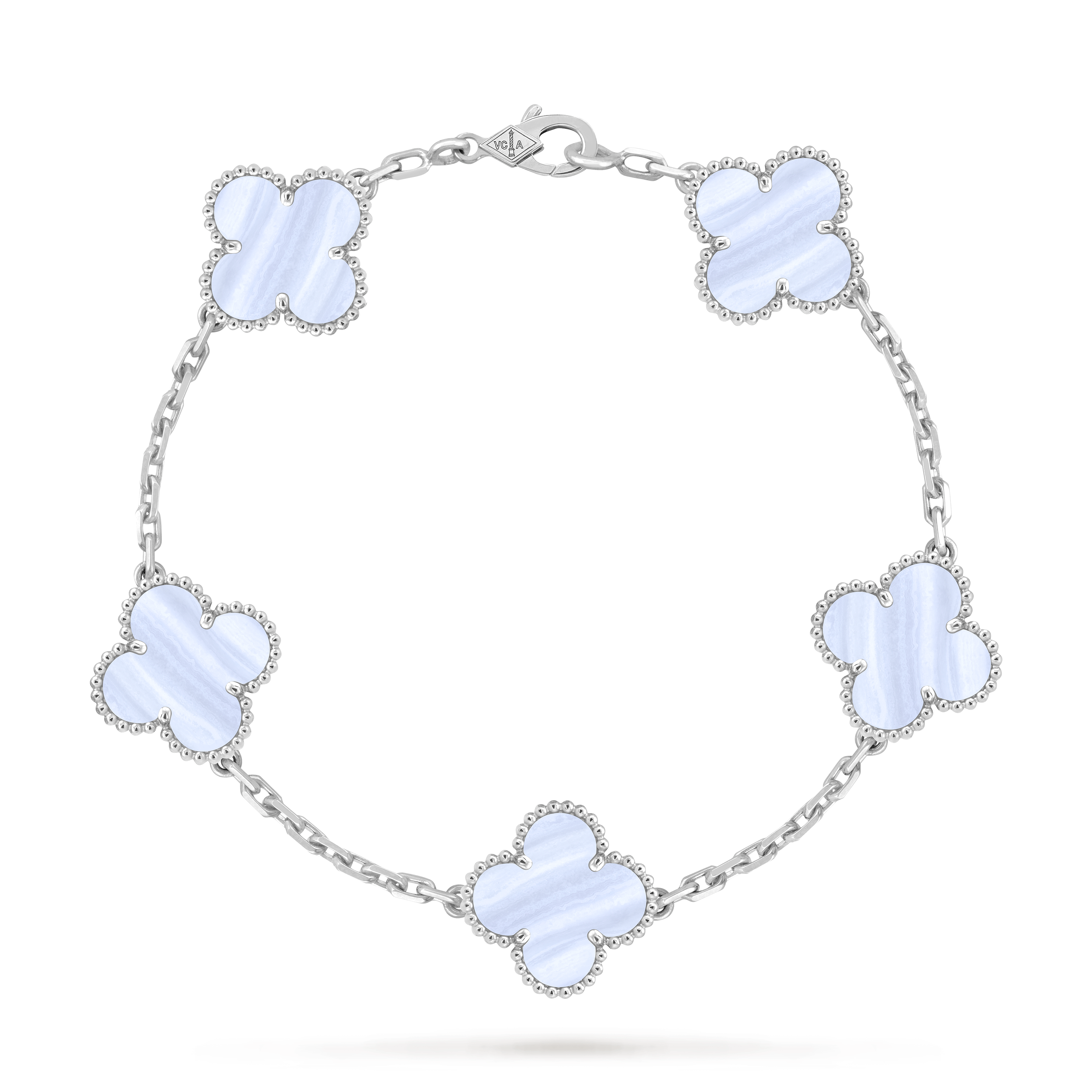 Vintage Alhambra bracelet, 5 motifs, 18K white gold, Chalcedony:  5 stones, Front, Jewelry Bracelet - Van Cleef & Arpels