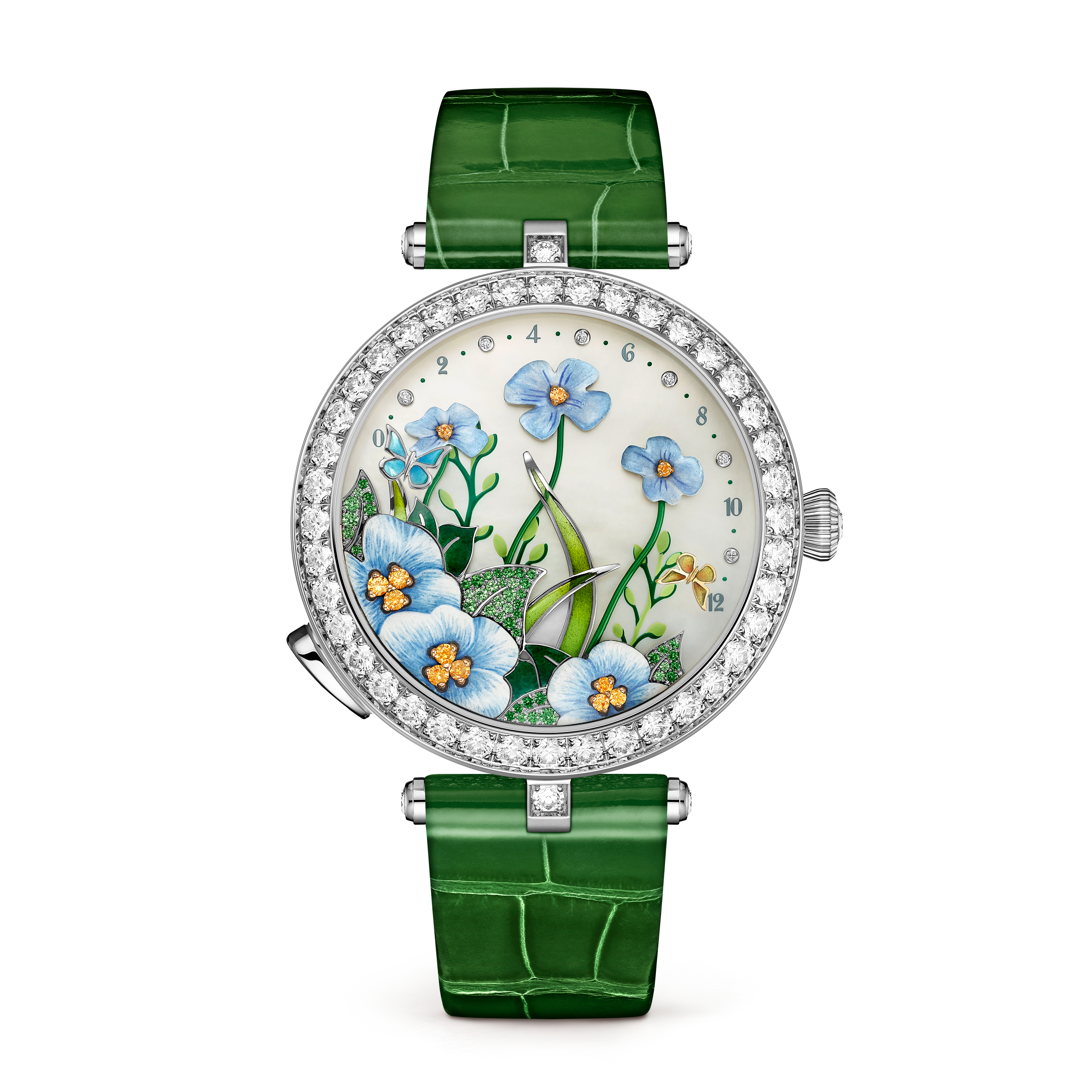 Lady Arpels Brise d’Été 腕錶, 18K白金, 珍珠母貝:  1顆寶石, 石榴石:  47顆寶石,  0.1克拉, 錳鋁榴石:  12顆寶石,  0.09克拉, 鑽石:  120顆寶石,  3.45克拉, Front, Watch