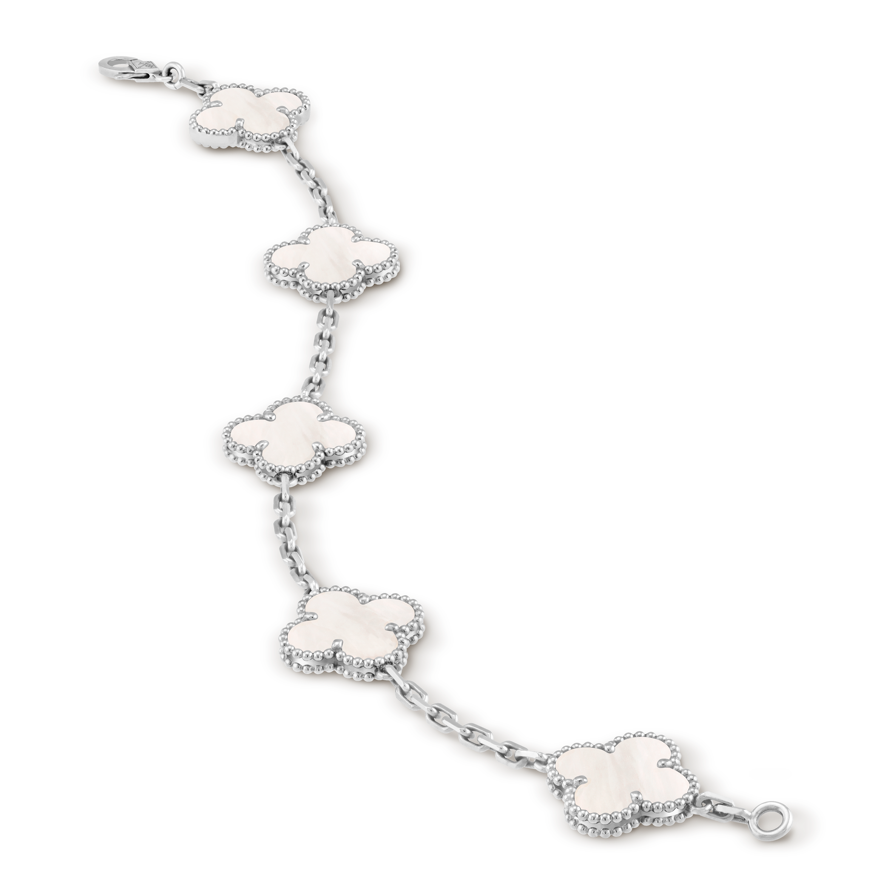 Vintage Alhambra手鍊,5枚四葉幸運圖騰, 18K白金, 珍珠母貝:  5顆寶石, Close Up, Jewelry Bracelet- Van Cleef & Arpels