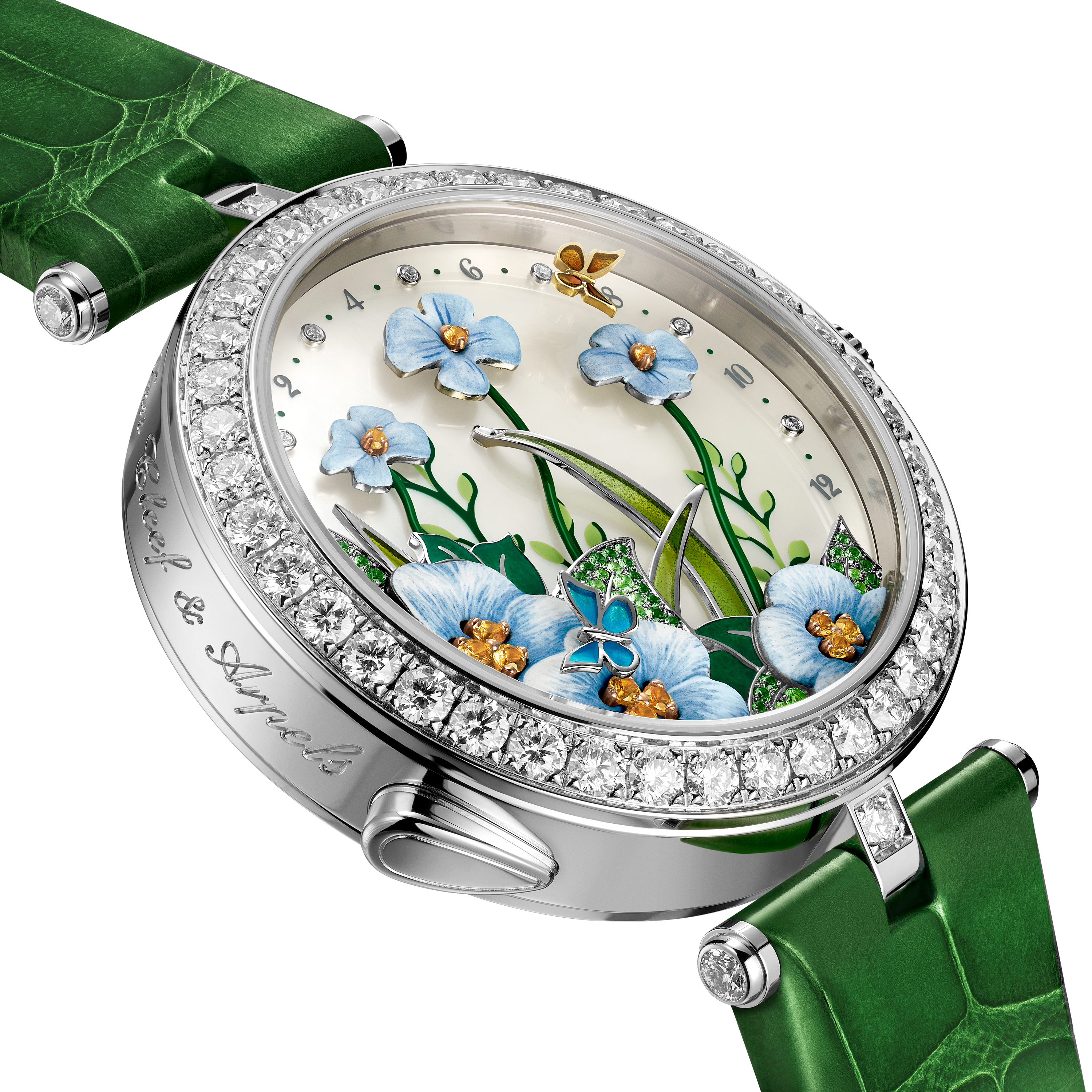 Lady Arpels Brise d’Été 腕錶, 18K白金, 珍珠母貝:  1顆寶石, 石榴石:  47顆寶石,  0.1克拉, 錳鋁榴石:  12顆寶石,  0.09克拉, 鑽石:  120顆寶石,  3.45克拉, Detail, Watch- Van Cleef & Arpels