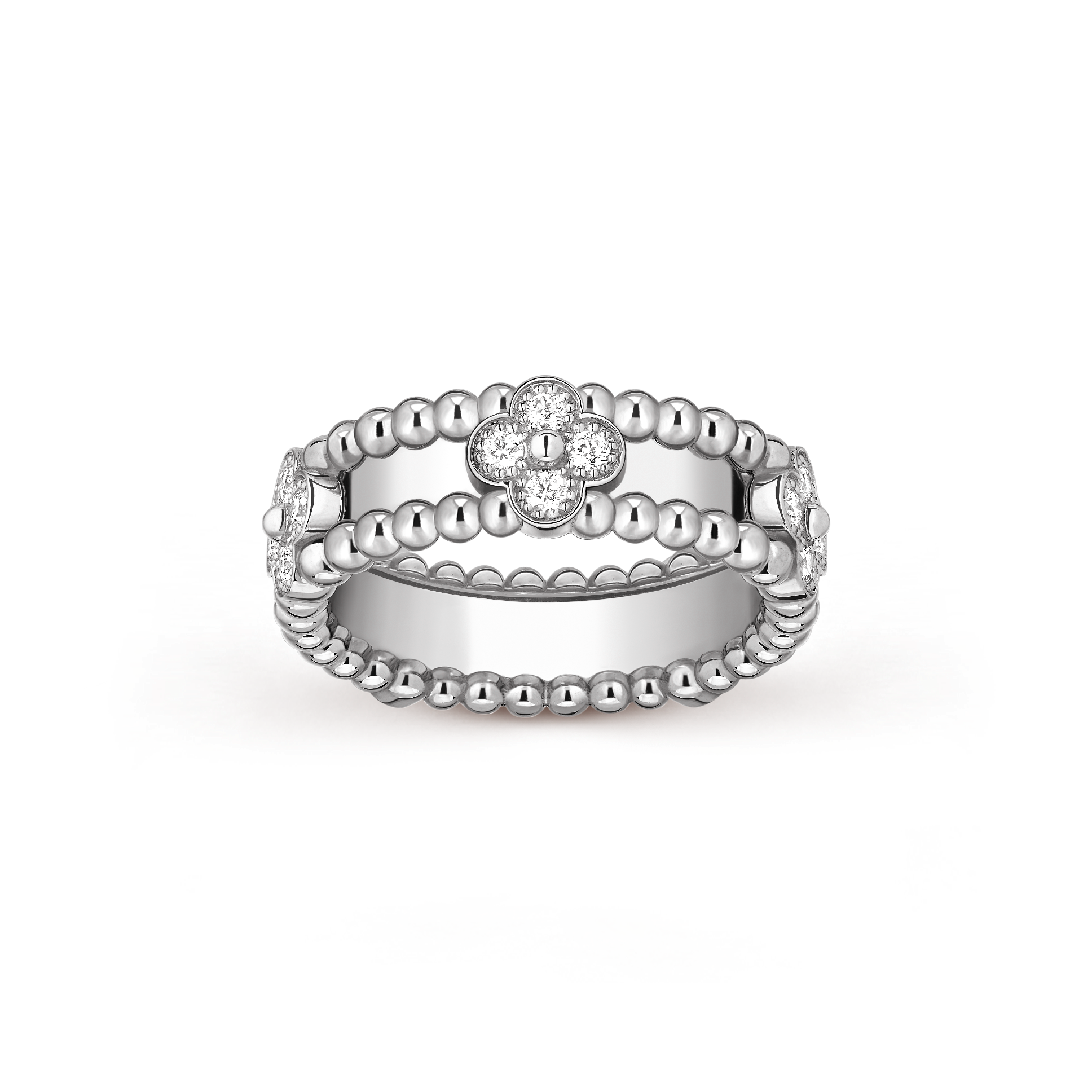 Perlée sweet clovers ring, 18K white gold, Diamond:  20 stones,  0.34 carat, Front, Jewelry Ring - Van Cleef & Arpels