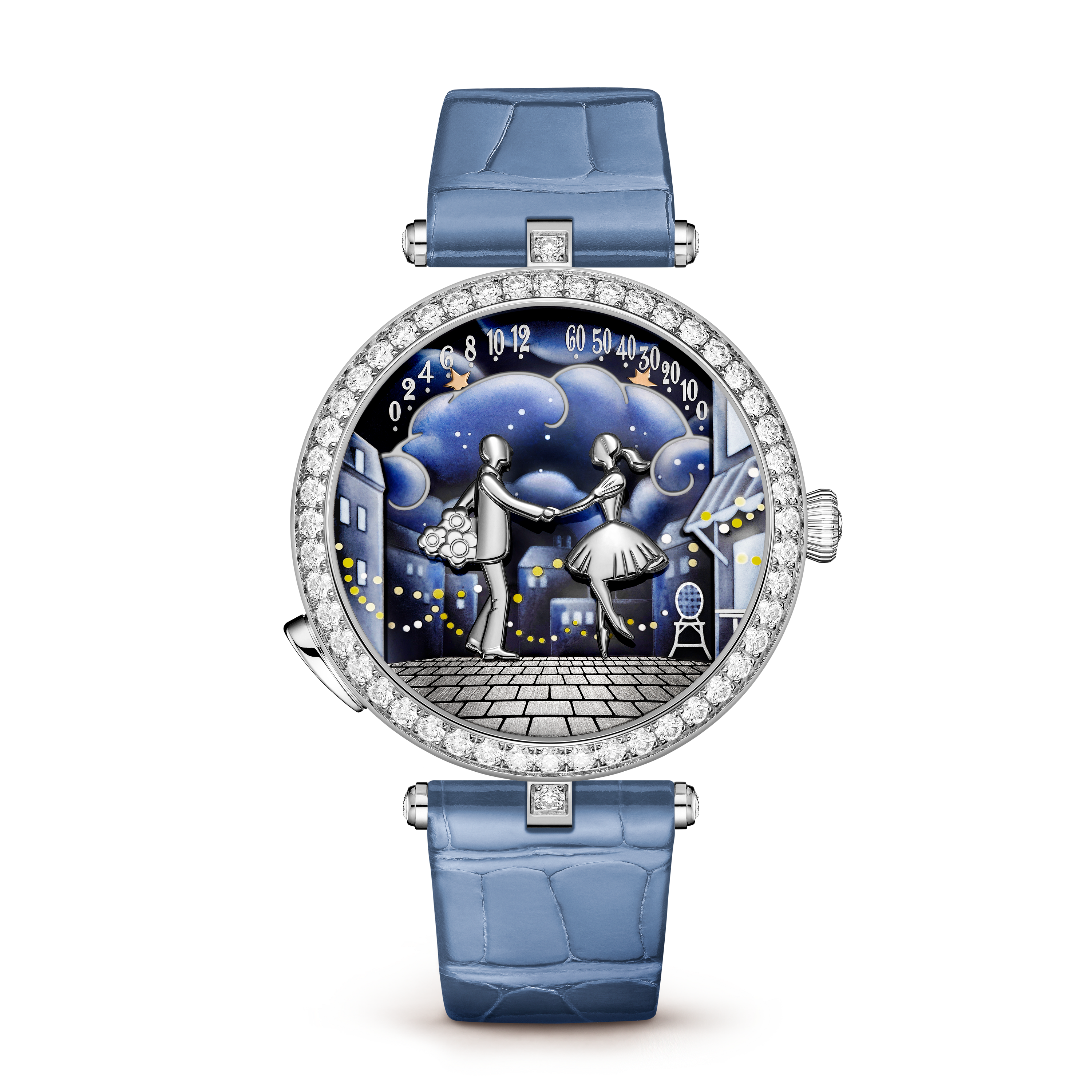 Lady Arpels Bal des Amoureux Automate watch, 18K white gold, Diamond:  122 stones,  2.82 carats, Front, Watch - Van Cleef & Arpels