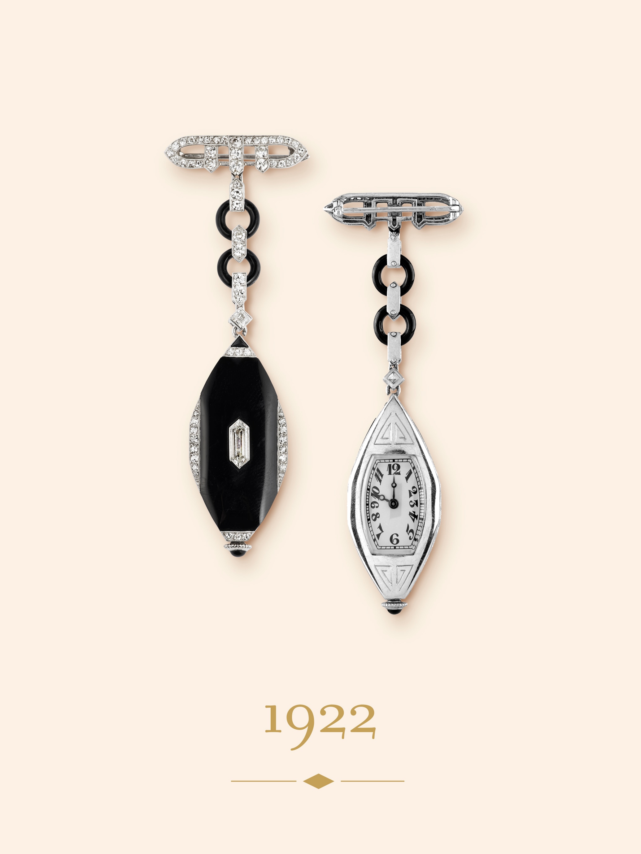 Lapel watch, 1922. Platinum, onyx, diamonds. Van Cleef & Arpels Collection.