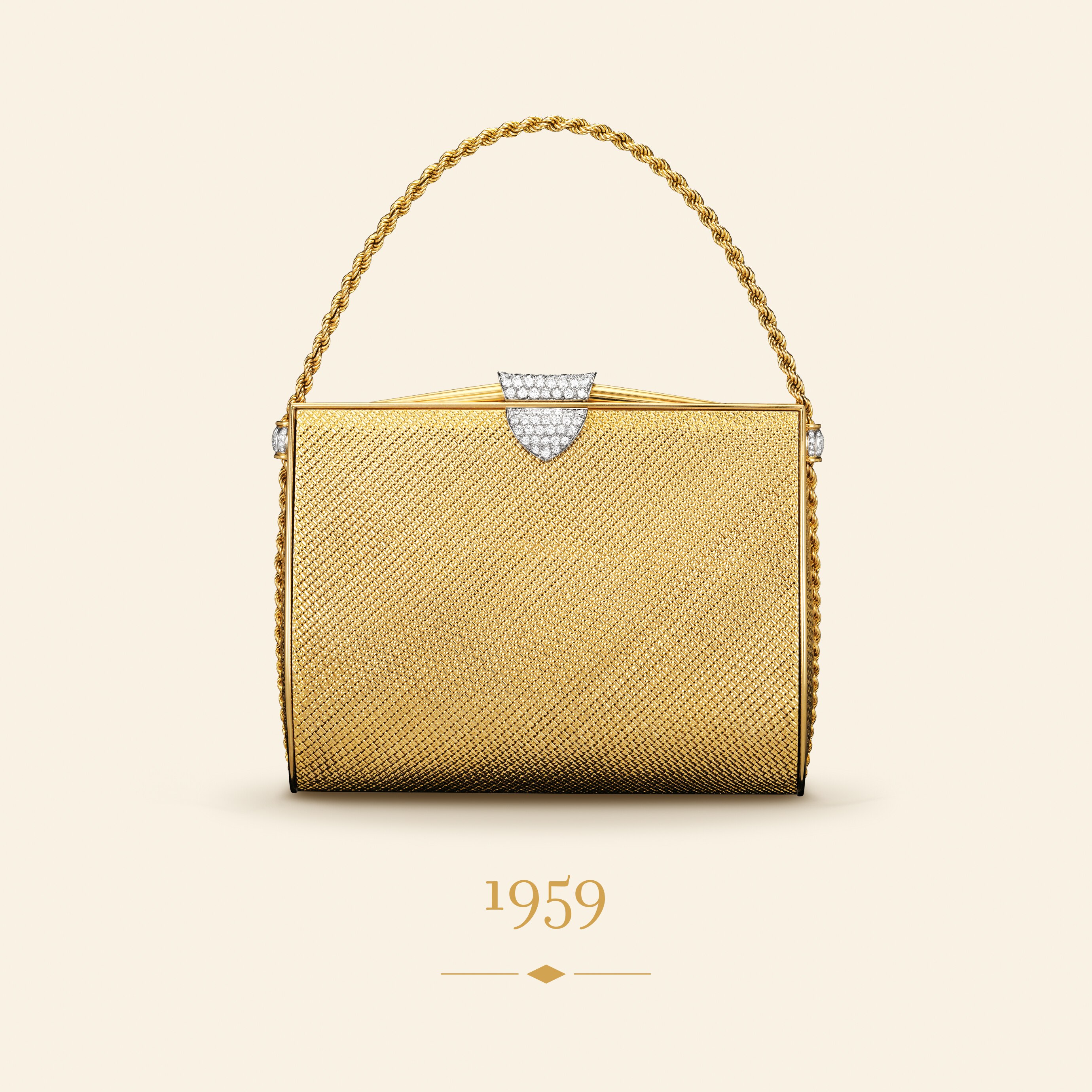 Vannerie evening bag, 1959. 18K yellow gold, platinum, diamonds. Van Cleef & Arpels Collection.