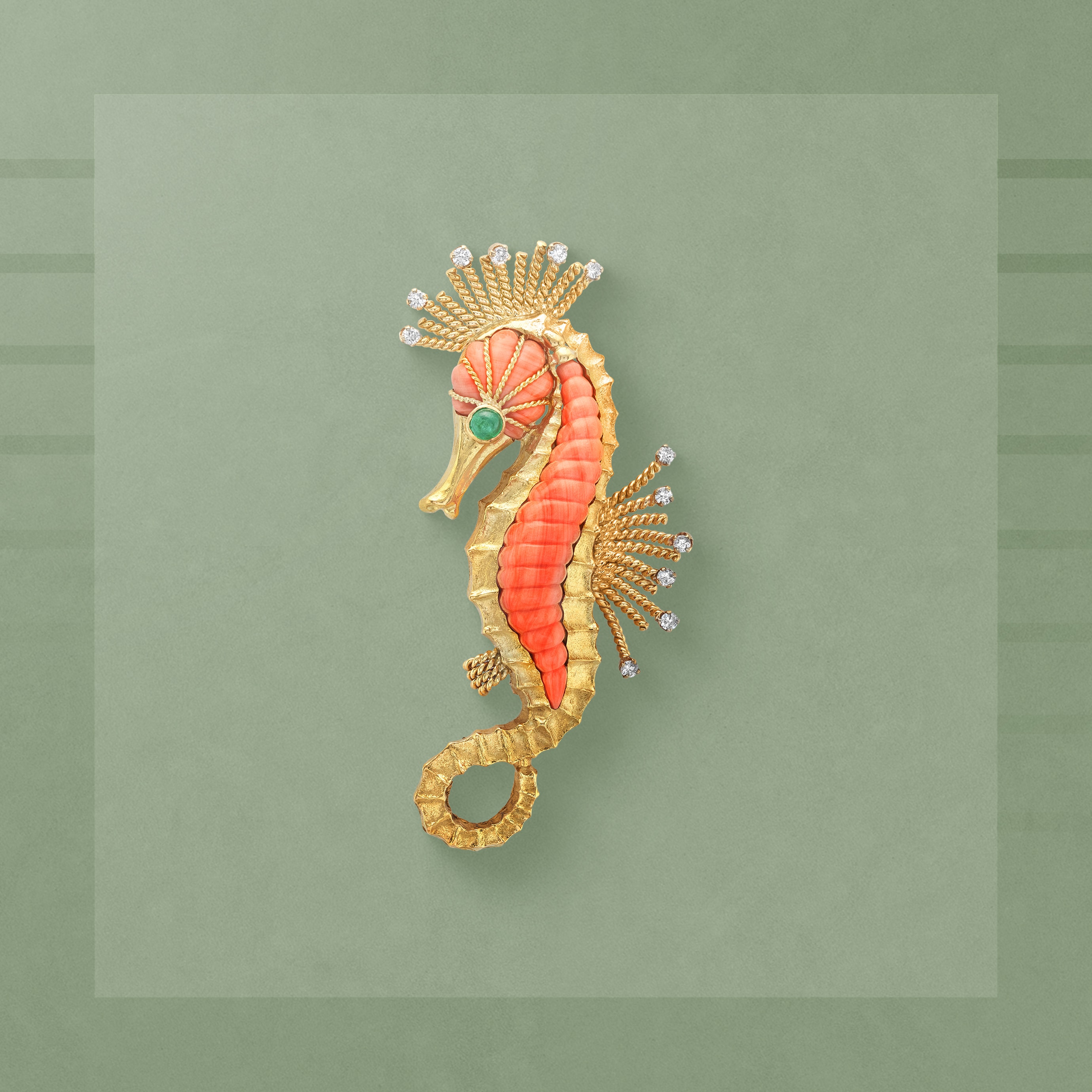 Seahorse clip, 1970. 18K yellow gold, 18K white gold, emerald, coral, diamonds. Van Cleef & Arpels Collection.