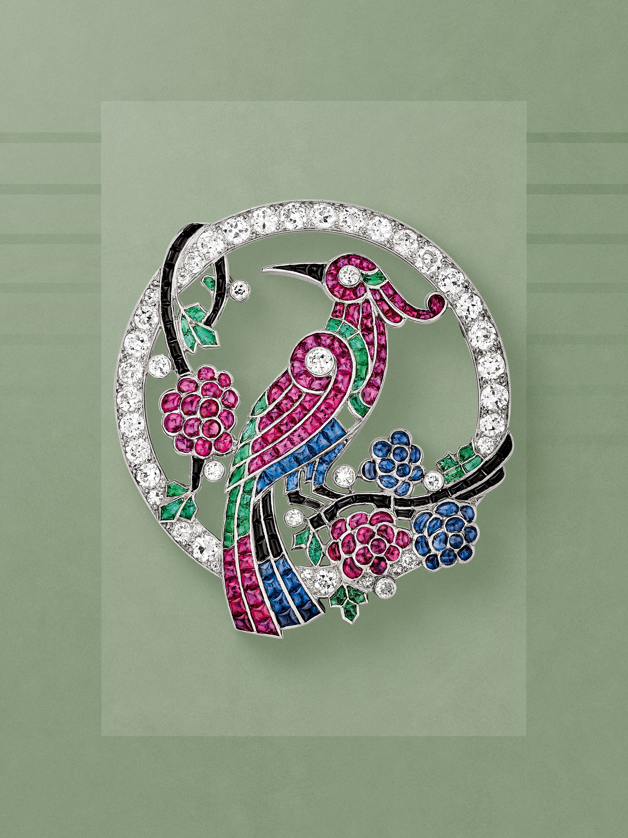 Brooch, 1924. Platinum, emeralds, rubies, sapphires, onyx, diamonds. Van Cleef & Arpels Collection.