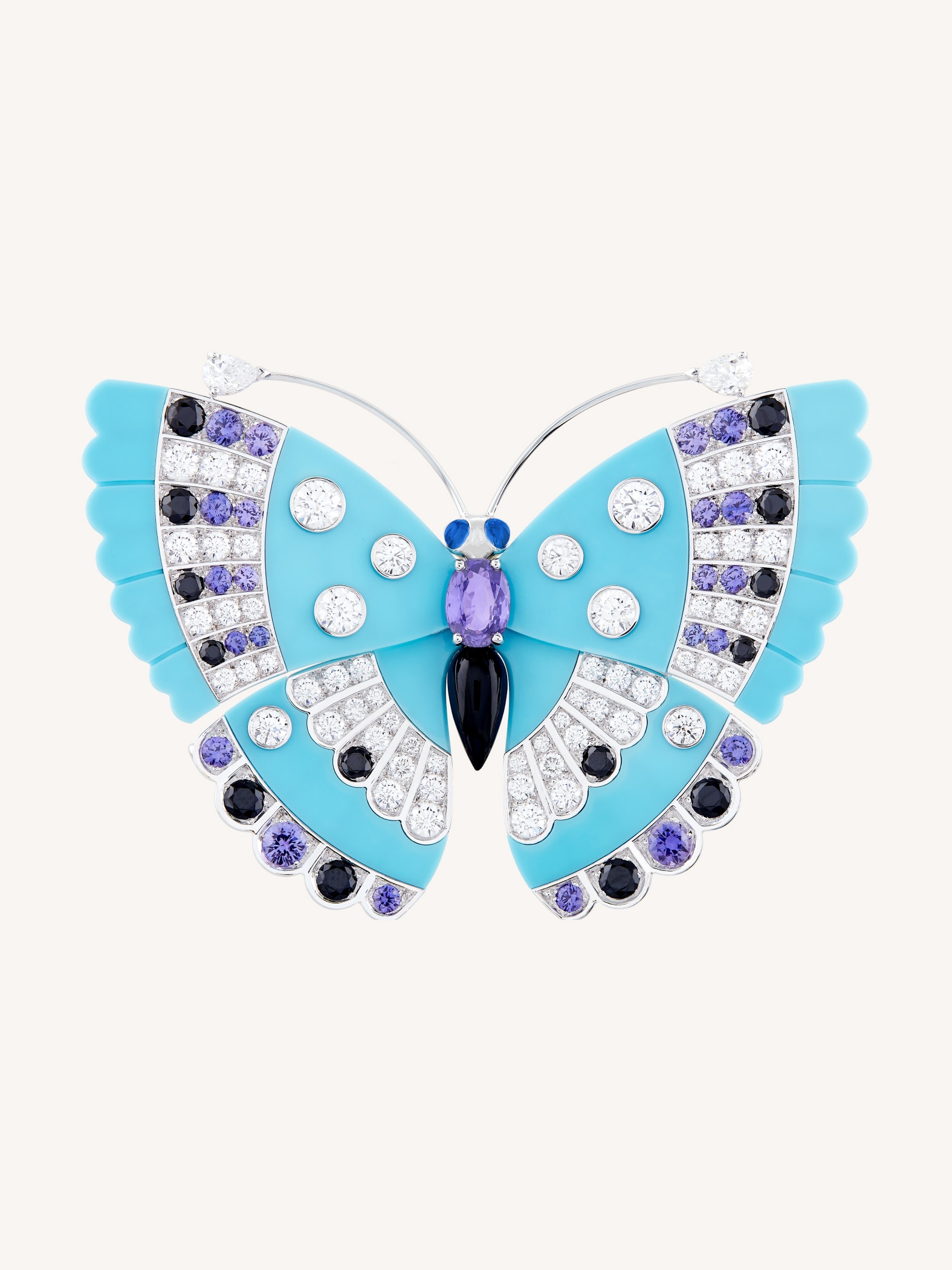 Féodora butterfly clip, white gold, blue and mauve sapphires, black spinels, onyx, turquoise, diamonds. Butterflies collection, Van Cleef & Arpels.