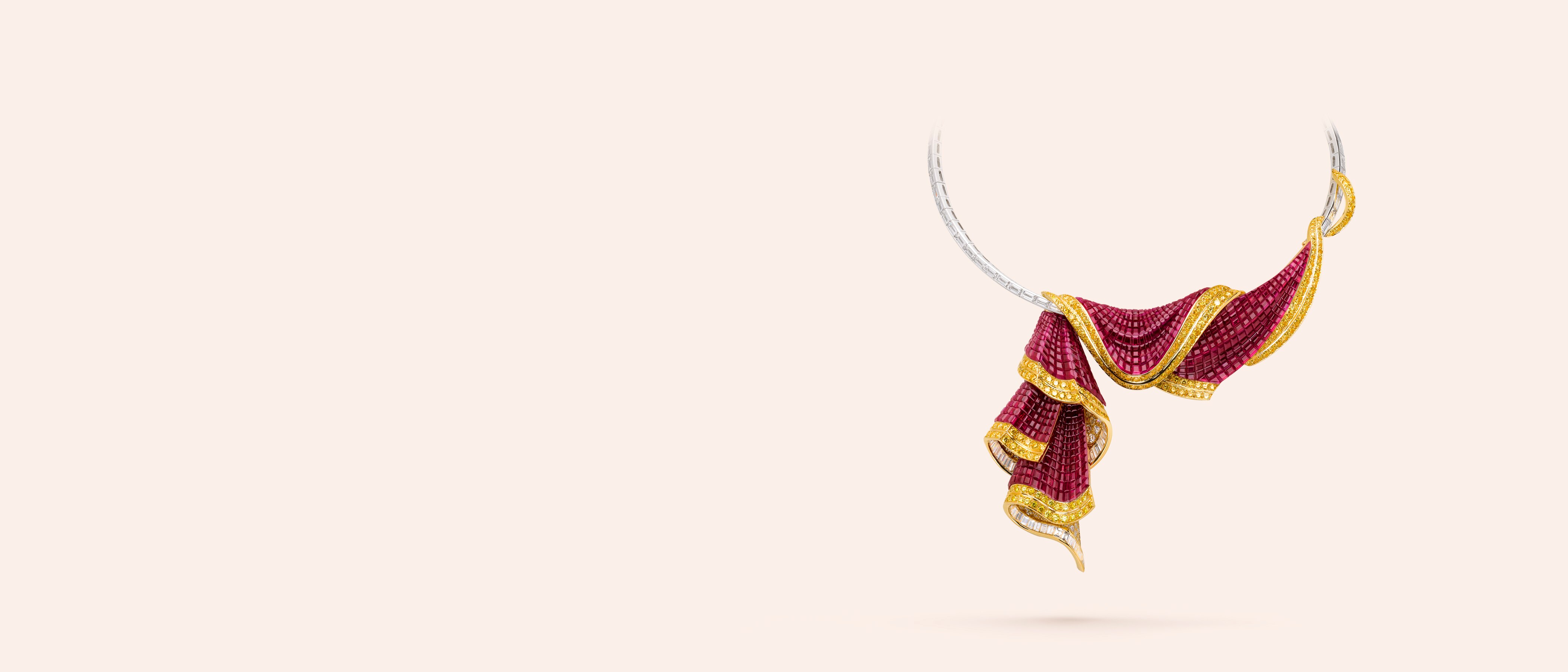 Opéra necklace. 18K white gold, rose gold, Traditional Mystery Set™ rubies, yellow and white diamonds. Private collection.