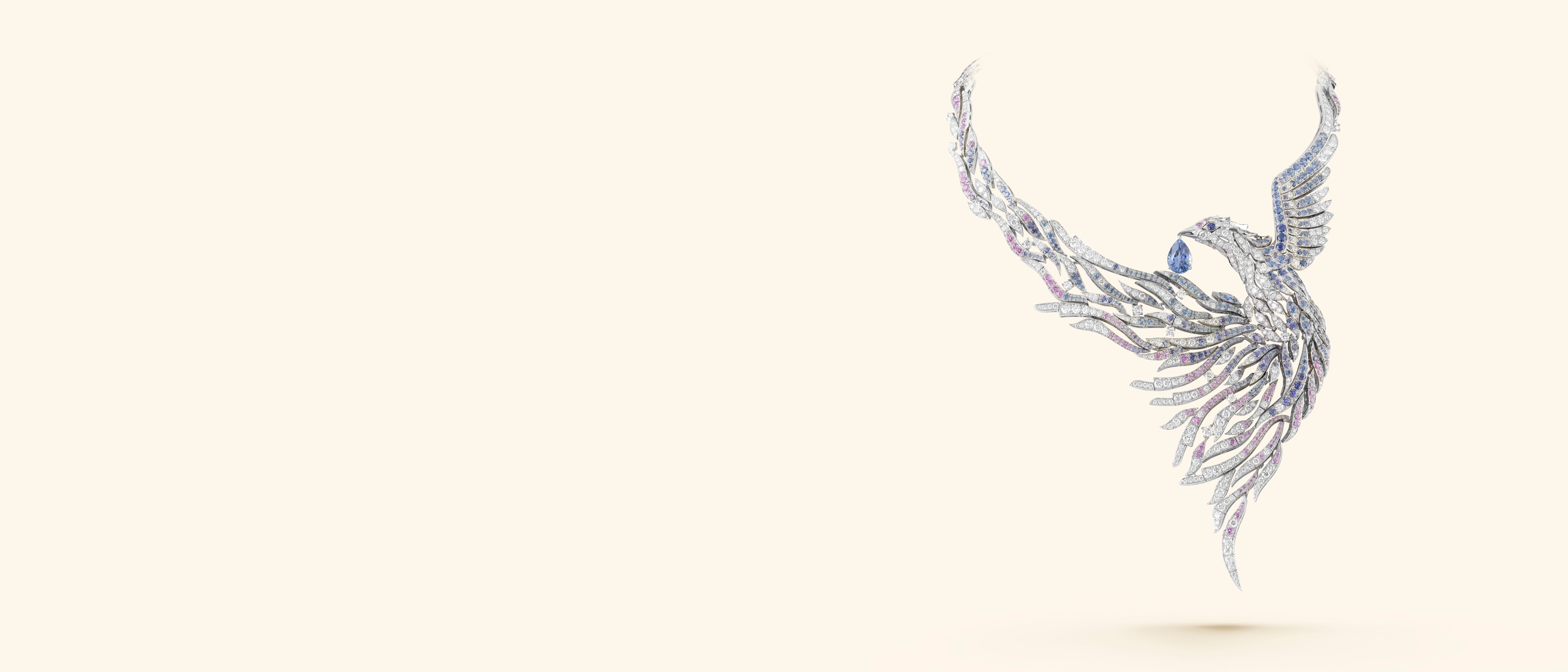 Oiseau decor necklace. 18K white gold, blue, pink and mauve sapphires, one pear-shaped sapphire of 4.85 carats, diamonds. Private collection.