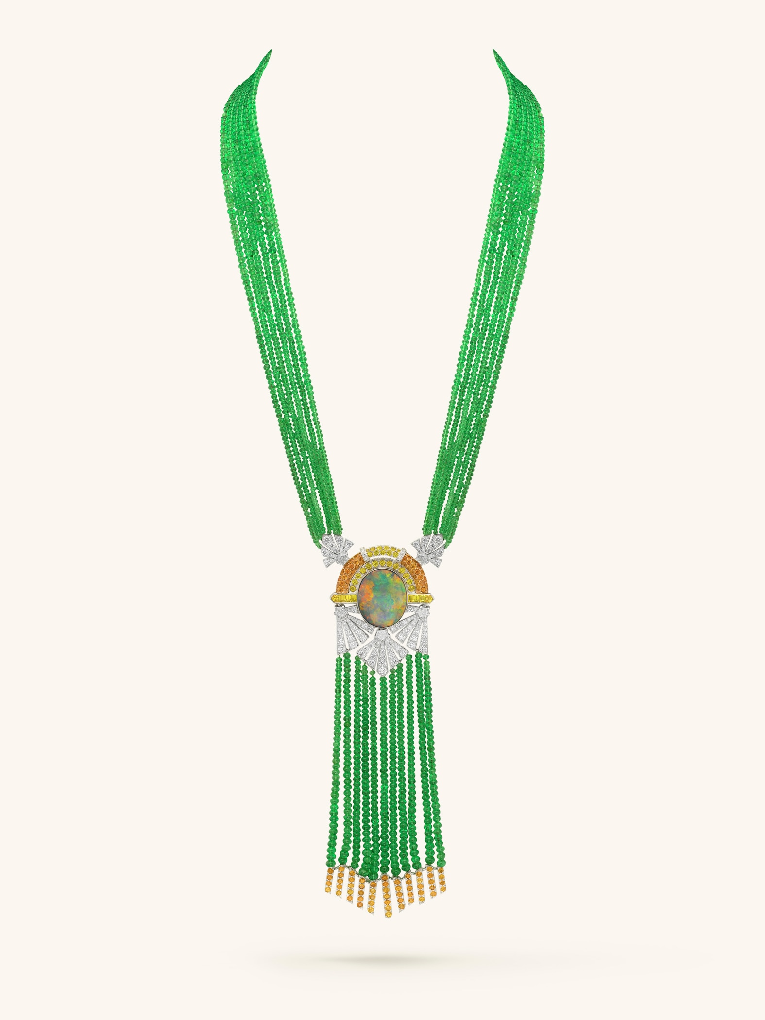 West coast tsavorite necklace. 18K white gold, 18K orange gold, one oval-cut black opal of 16.41 carats, yellow sapphires, tsavorite garnets, spessartite garnets, diamonds. Private collection.