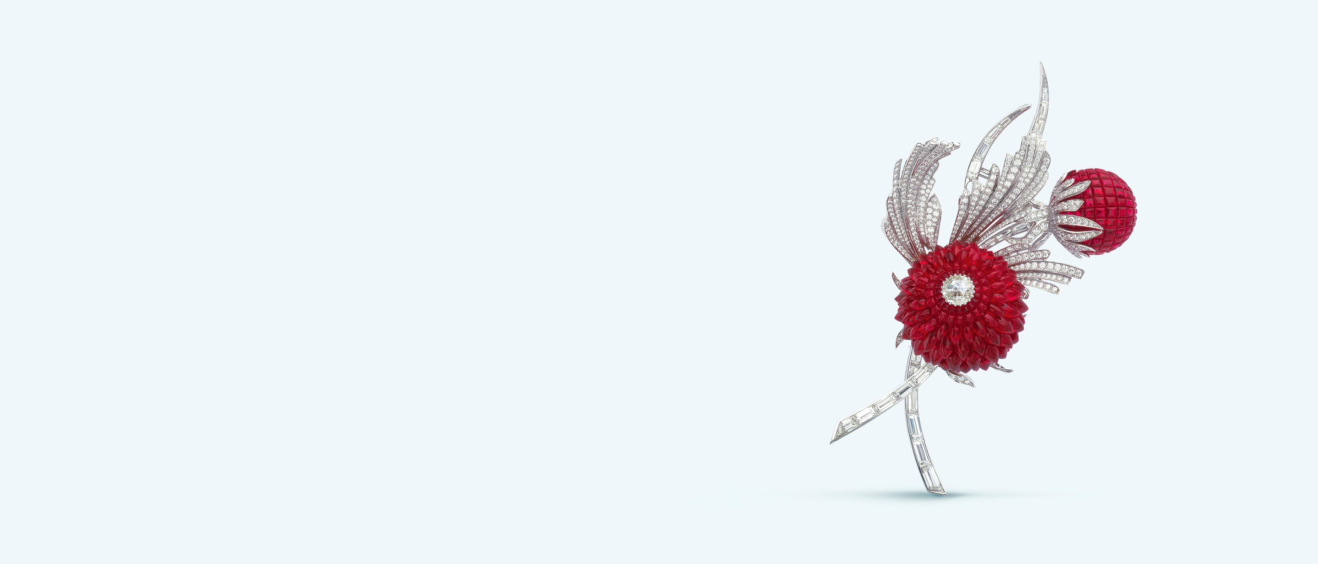 Chardon clip. 18K white gold, diamonds, Mystery Set™ rubies. Private collection.