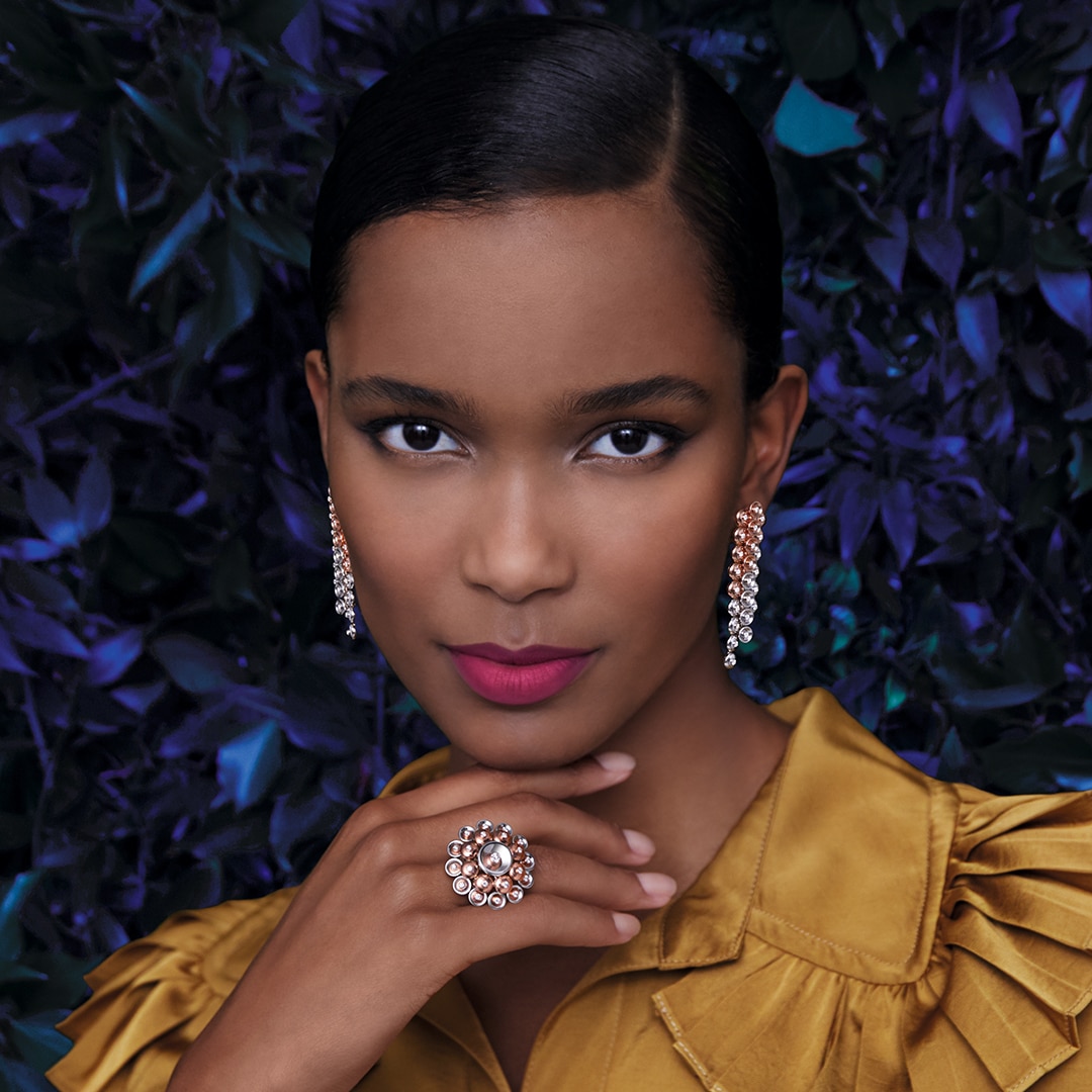 Bouton d’or ring, 18K rose gold, rhodium plated 18K white gold and diamonds. Bouton d’or earrings, 18K rose gold, rhodium plated 18K white gold and diamonds. Bouton d'or collection, Van Cleef & Arpels.