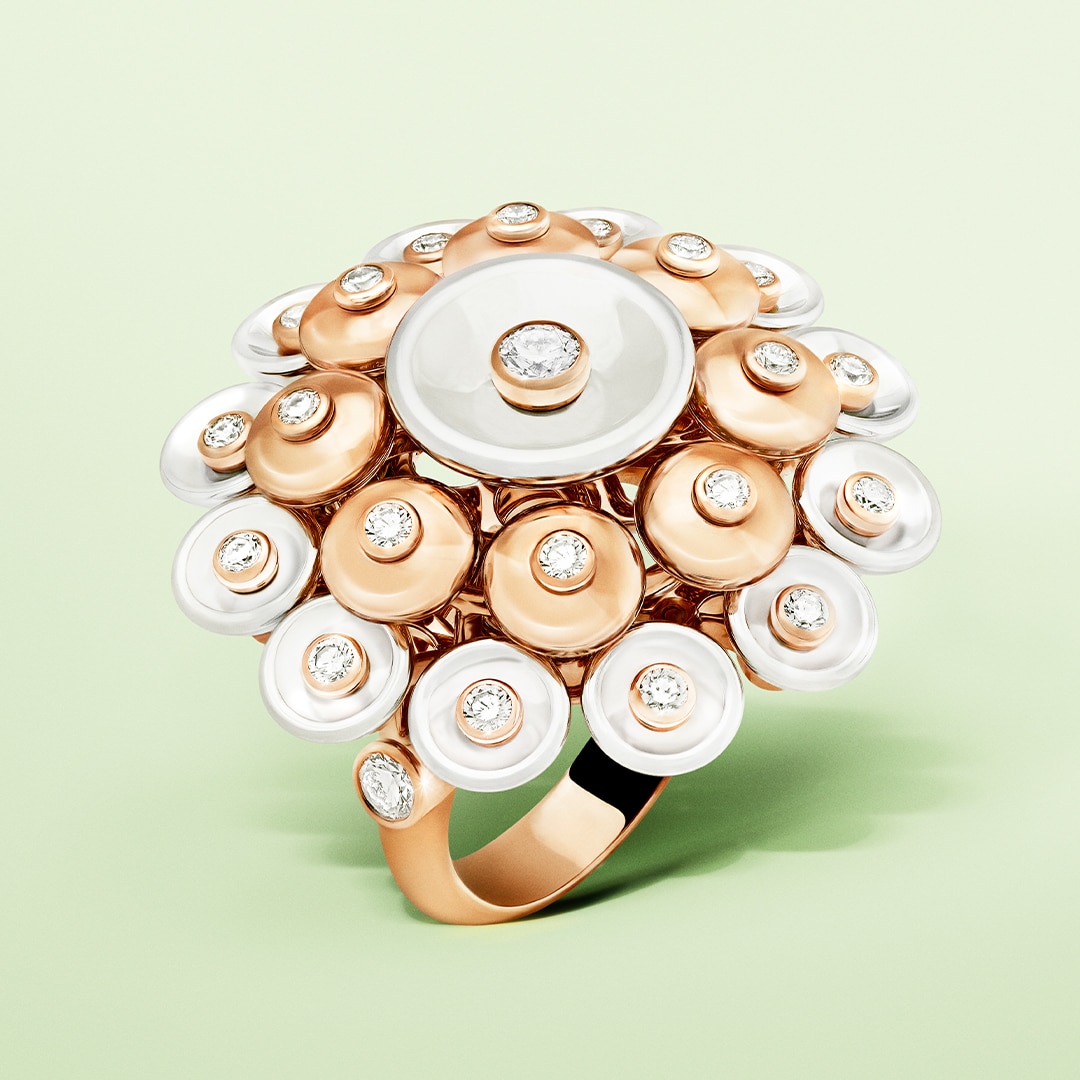 Bouton d’or ring, 18K rose gold, rhodium plated 18K white gold and diamonds. Bouton d'or collection, Van Cleef & Arpels.