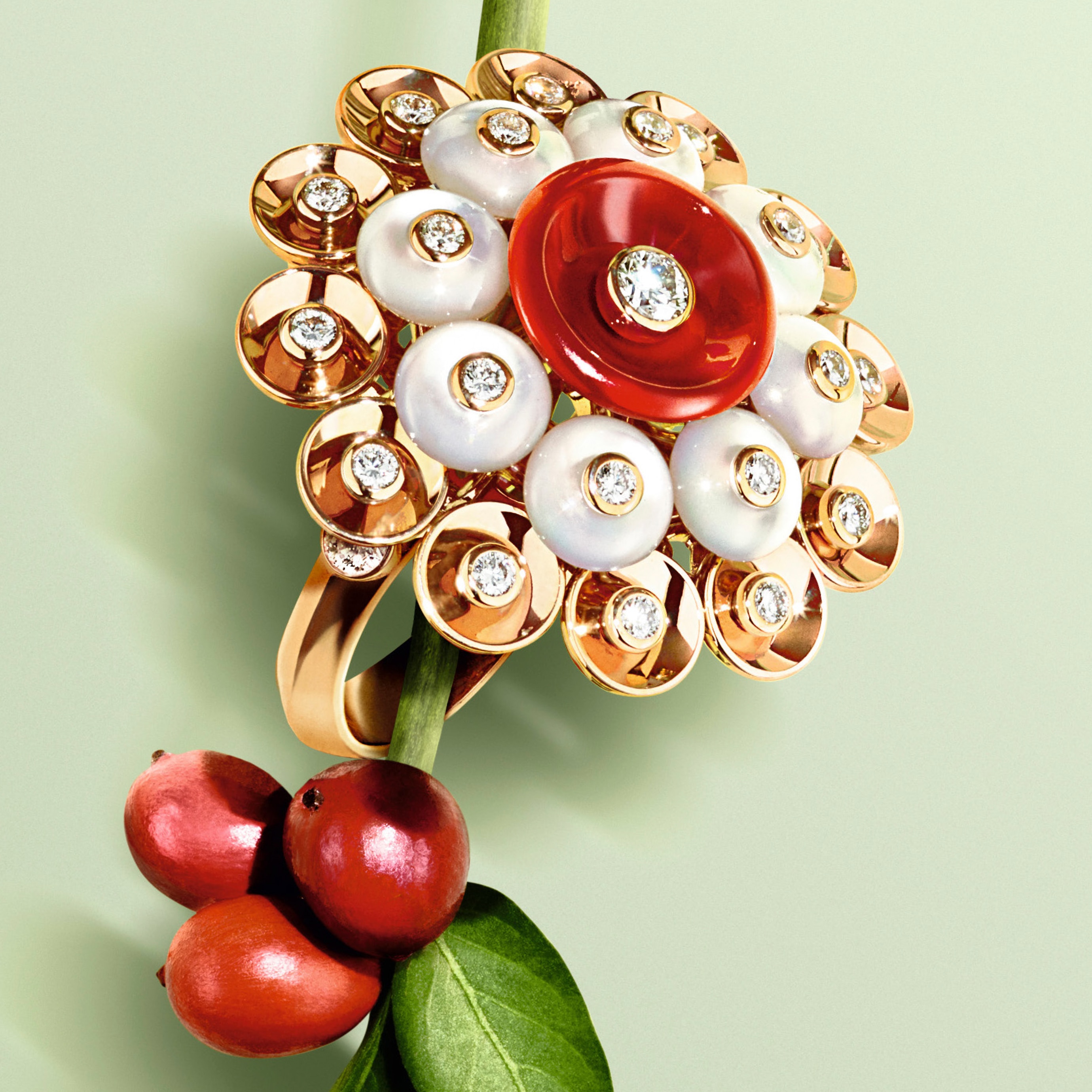 Bouton d’or ring, 18K rose gold, carnelian, white mother-of-pearl, diamonds. Bouton d'or collection, Van Cleef & Arpels.
