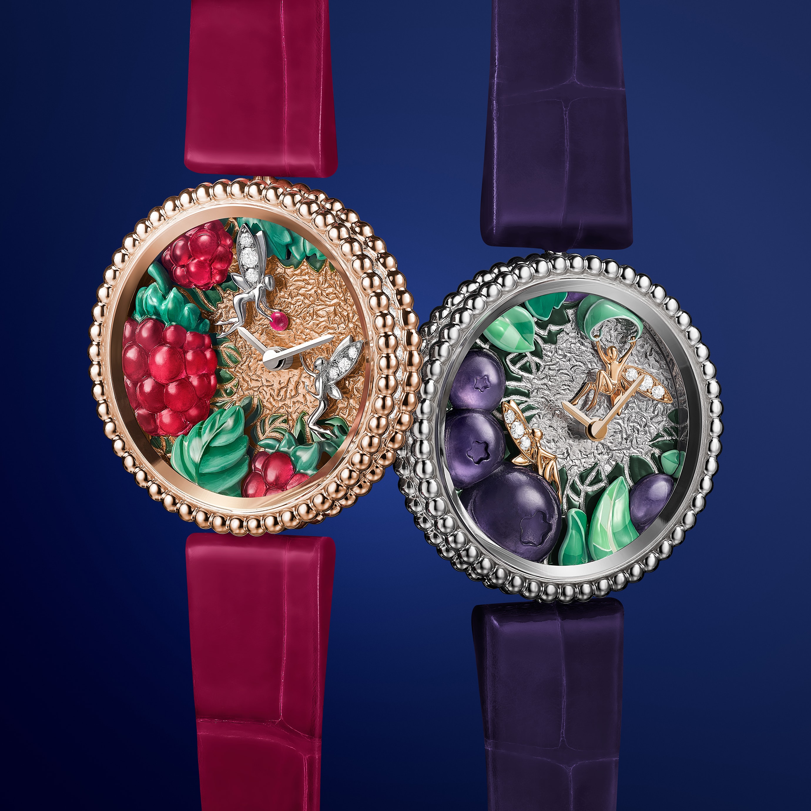 Perlée Extraordinaire Fruits Enchantés Framboise and Perlée Extraordinaire Fruits Enchantés Myrtille watches, 18K rose gold, rhodium plated 18K white gold, diamonds, enamel, miniature painting, Swiss quartz movement. Extraordinary Dials collection, Van Cleef & Arpels.