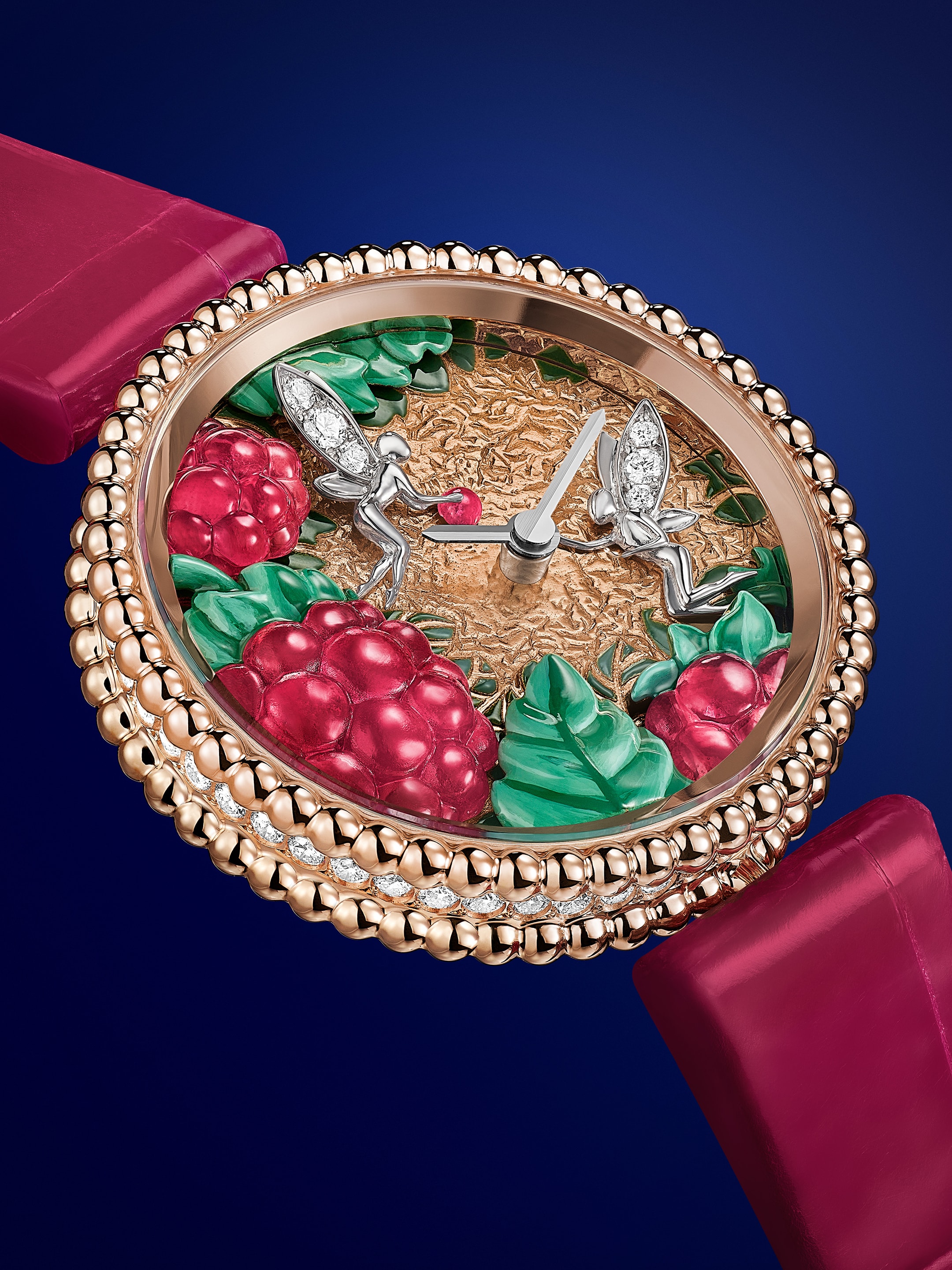Perlée Extraordinaire Fruits Enchantés Framboise watch, 18K rose gold, rhodium plated 18K white gold, diamonds, enamel, miniature painting, Swiss quartz movement. Extraordinary Dials collection, Van Cleef & Arpels.