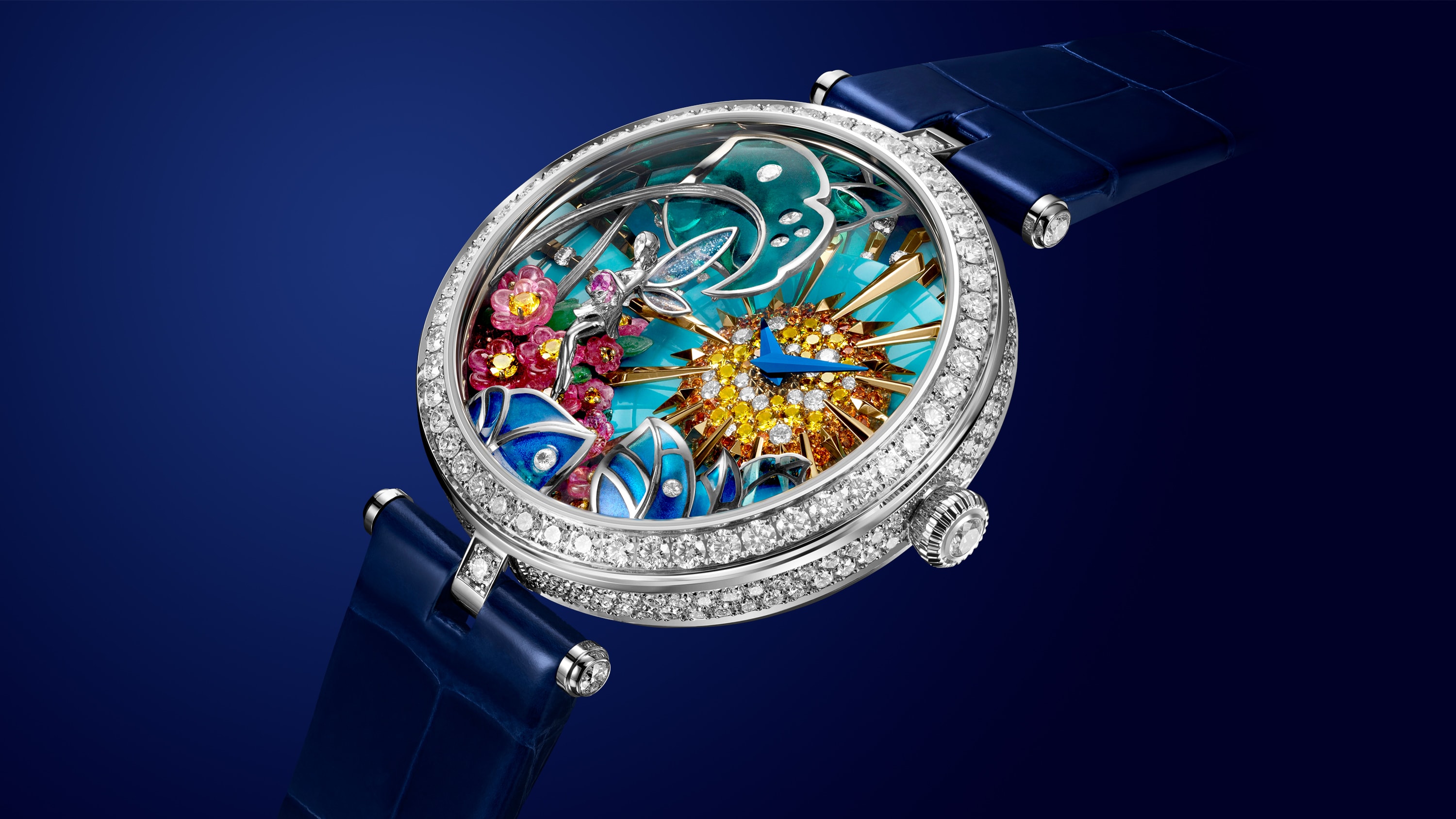 Lady Arpels Jour Enchanté watch, white gold, diamonds, yellow gold, colored sapphires, spessartites grenats, turquoise. Extraordinary Dials™ collection, Van Cleef & Arpels.