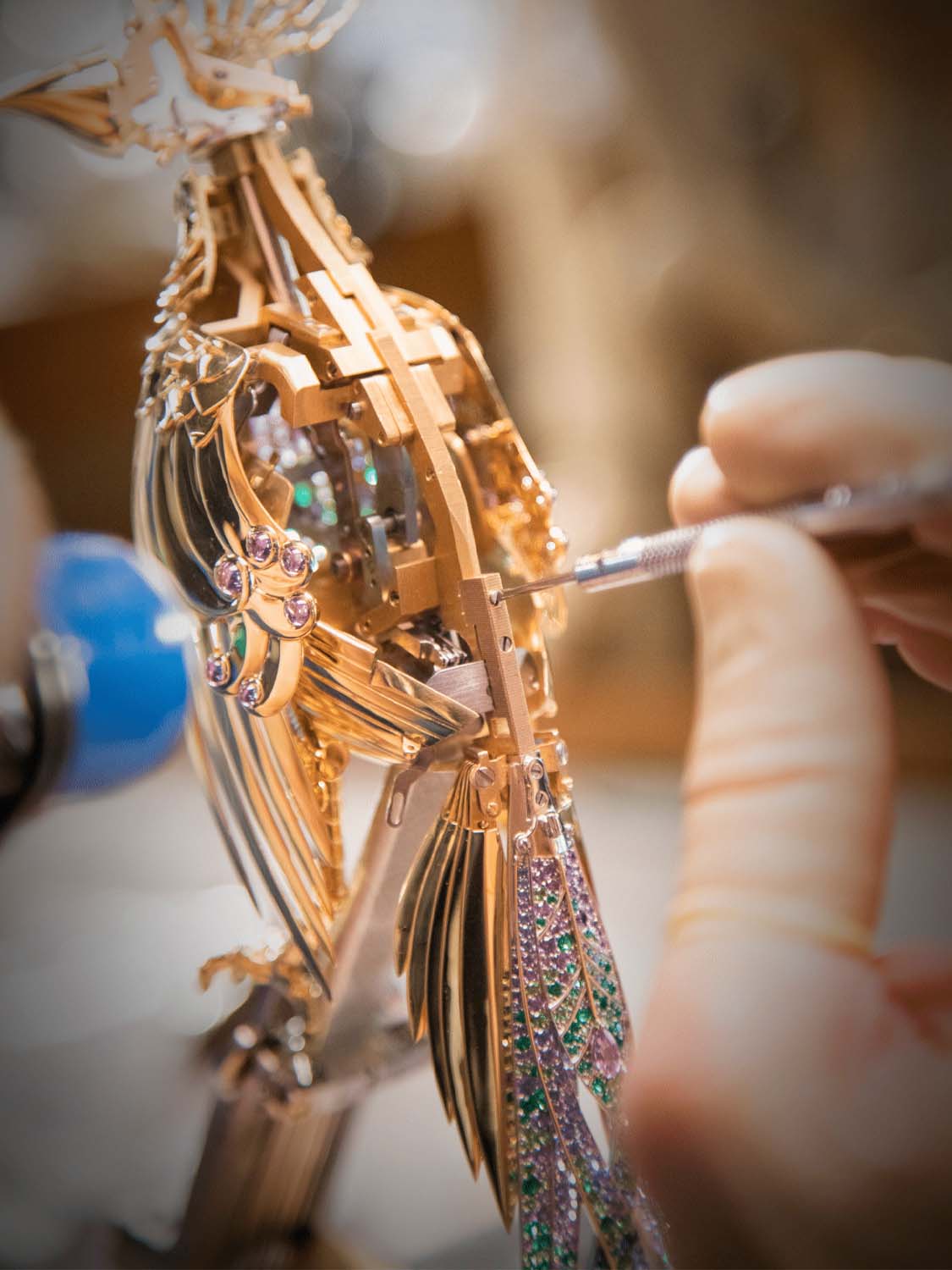 Fixing the body of the male bird, Fontaine aux Oiseaux automaton. Extraordinary Object, Van Cleef & Arpels